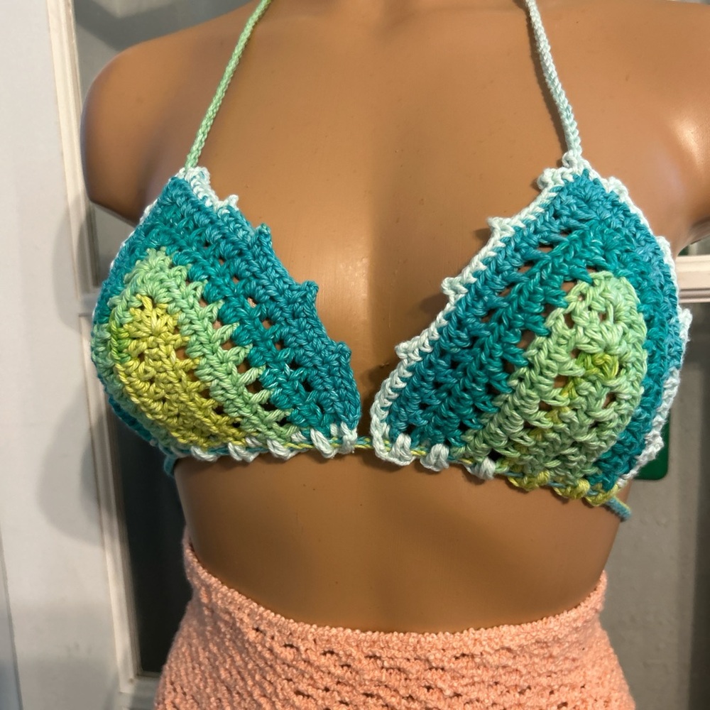 Crochet Halter Bikini Top in Green and Blue
